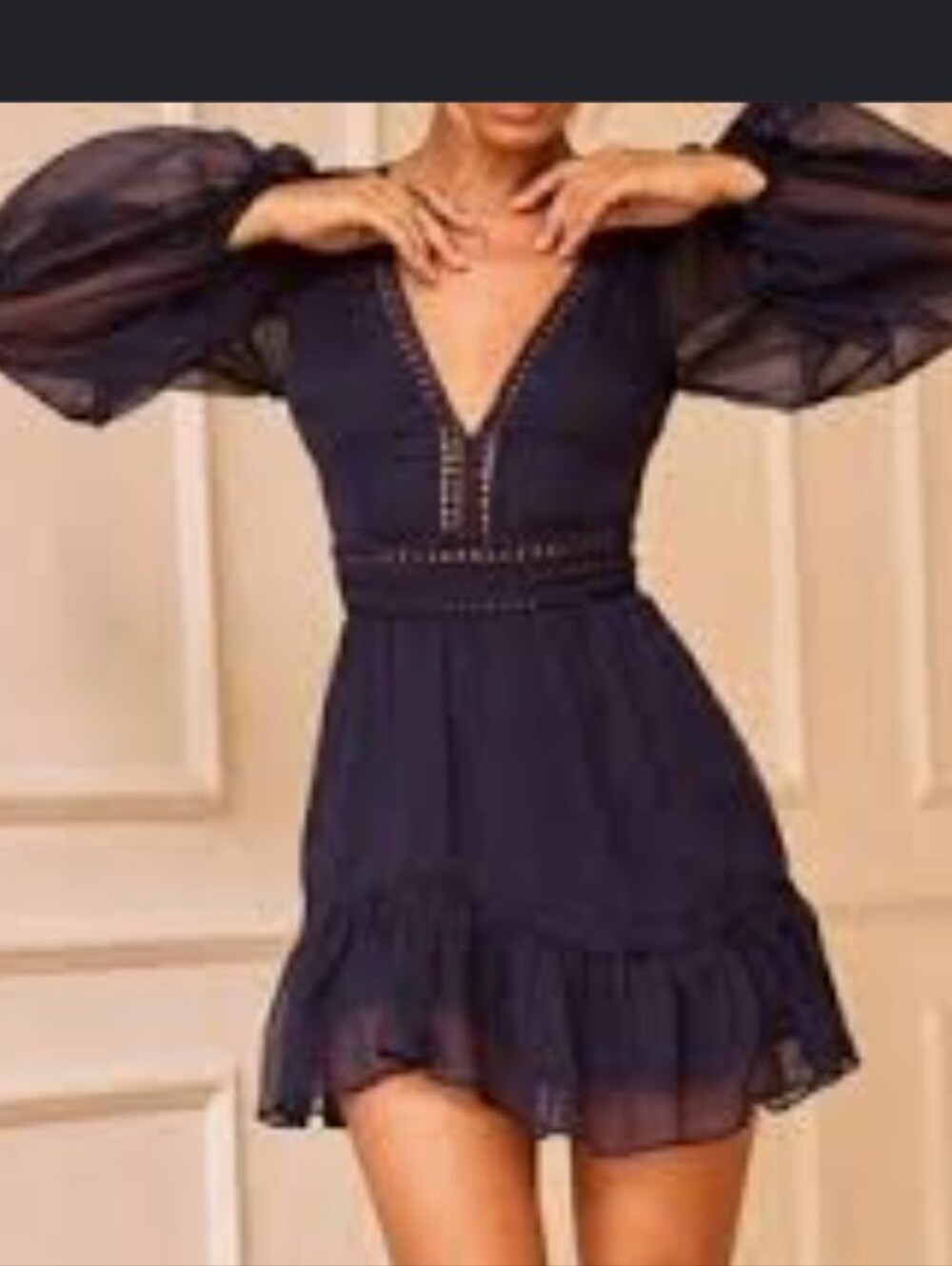 Deep V Navy Long-Sleeve Chiffon Mini Dress NWT Size Medium